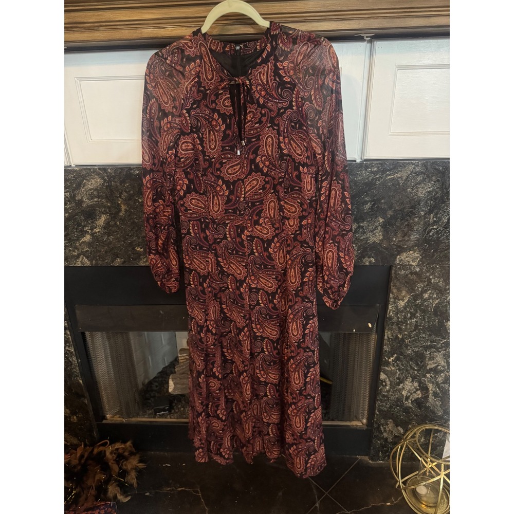 Tommy Hilfiger Womens Paisley Chiffon Midi Dress Long Sleeve Purple Orange 8